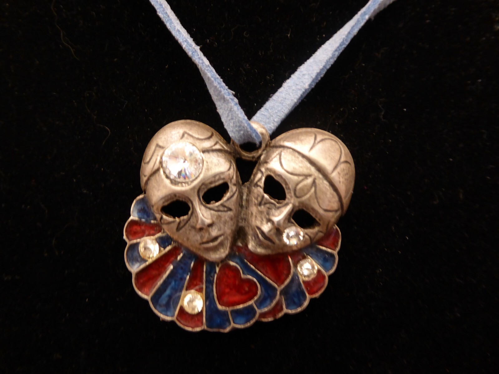 Harlequin Mask Metal Painted Enamel Pendant Necklace Art Deco Leather Cord VTG