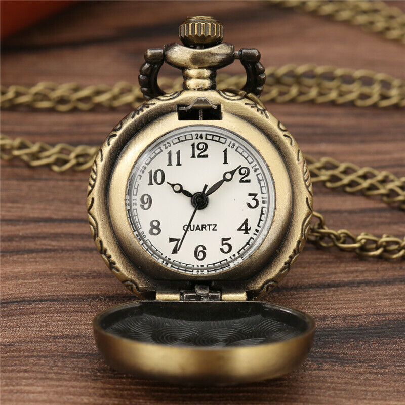 Mini Bronze Flower Case Quartz Pocket Watch Gift for Women 80CM Necklace Chain