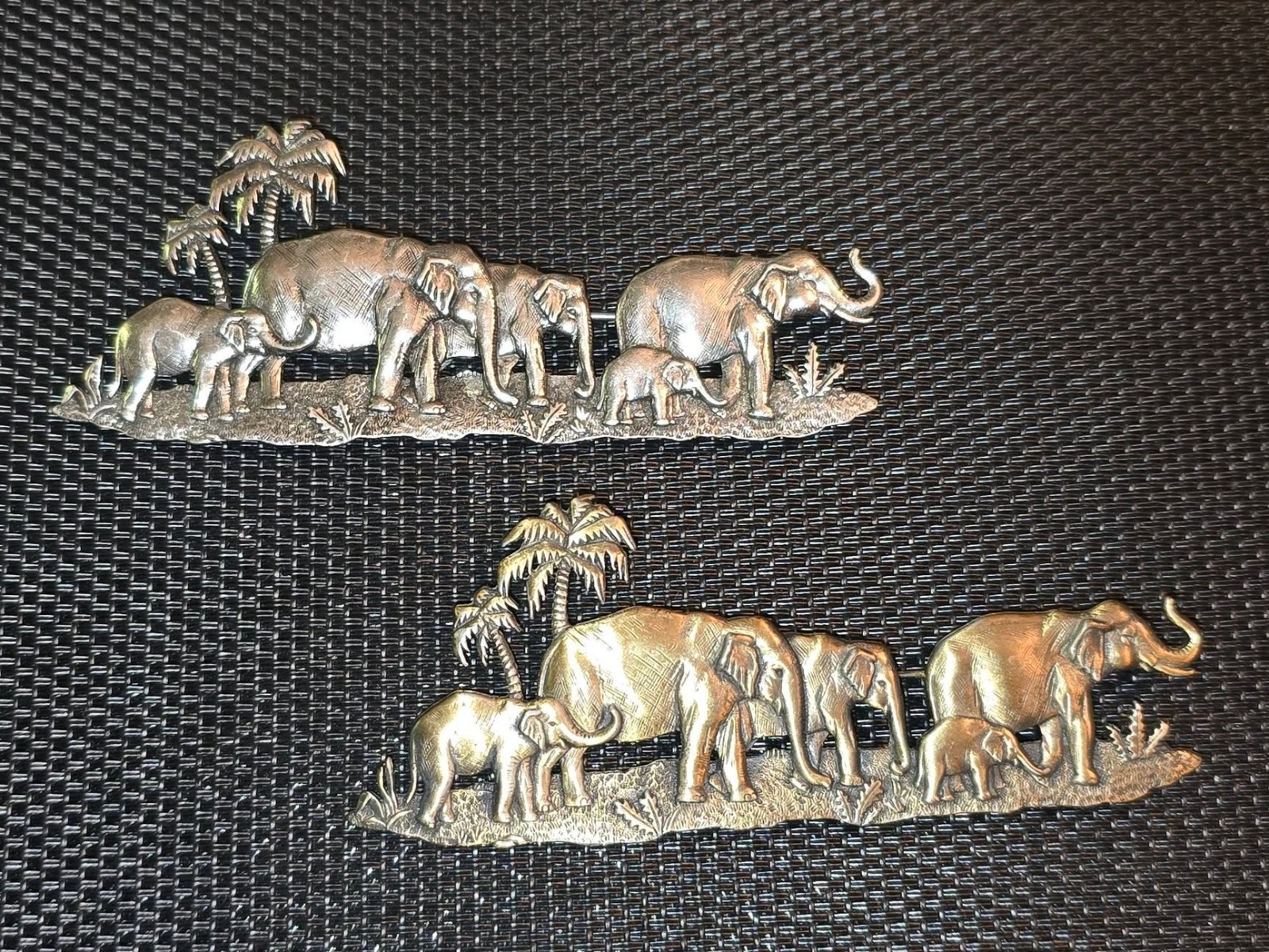 JJ Jonette ELEPHANT FAMILY WALK Pins Brooches – Silvertone & Bronze – Set of TWO