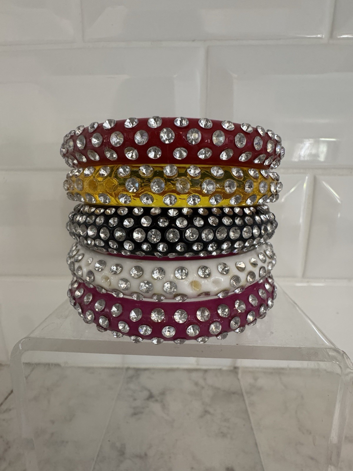 Vintage Acrylic Bangle Rhinestone Bracelets. (5)