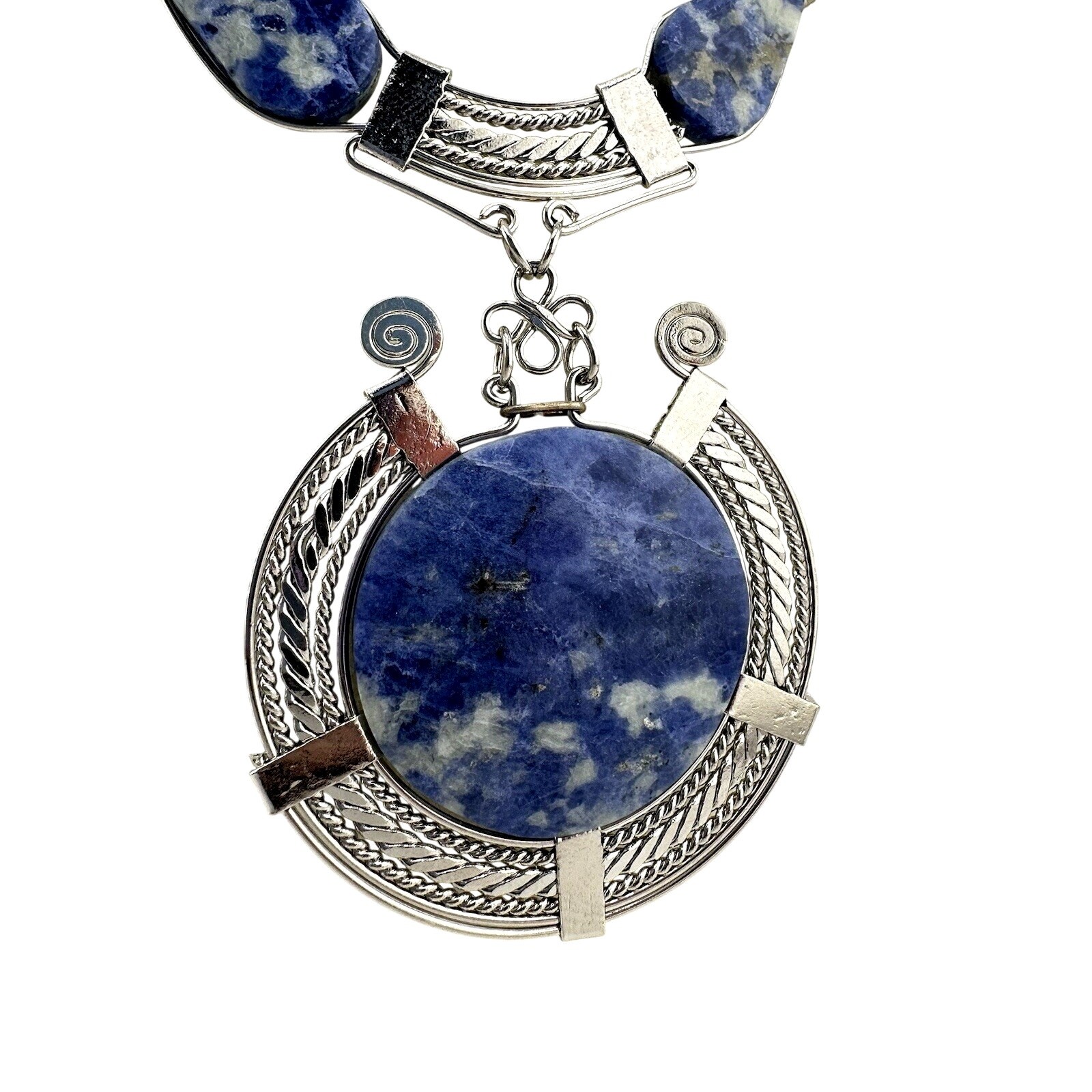 Artisan Boho Sodalite Blue White Medallion Tribal Silver Tone 20” Necklace