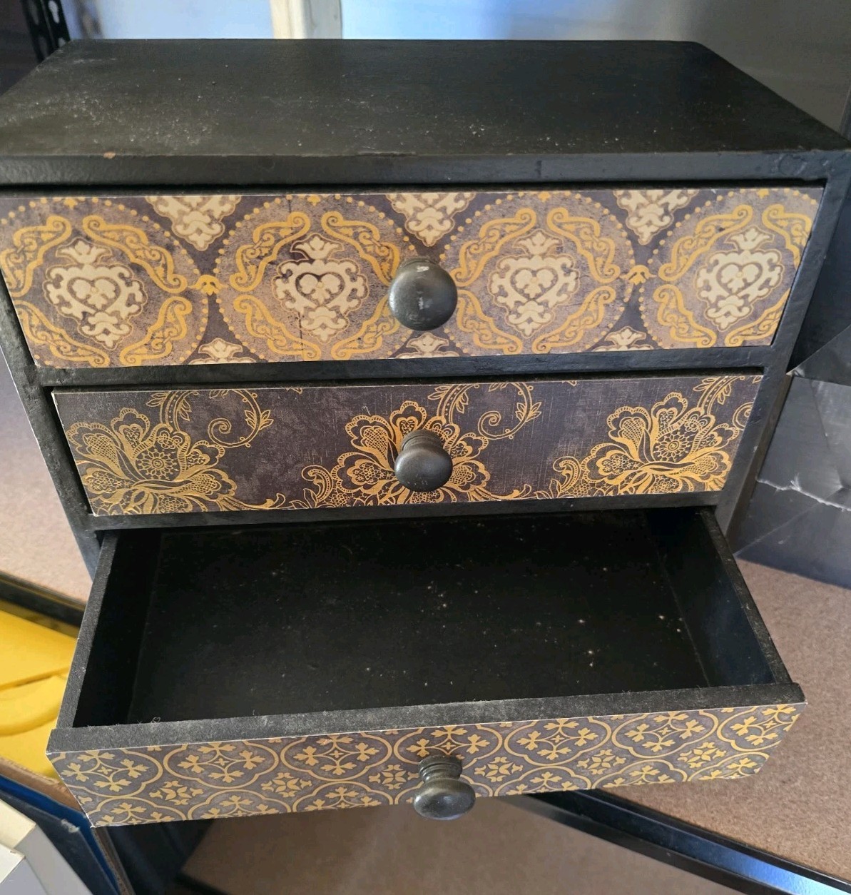 4 Drawer Wooden Storage Box Small Yellow And Brown Aztec Pattern Table Top