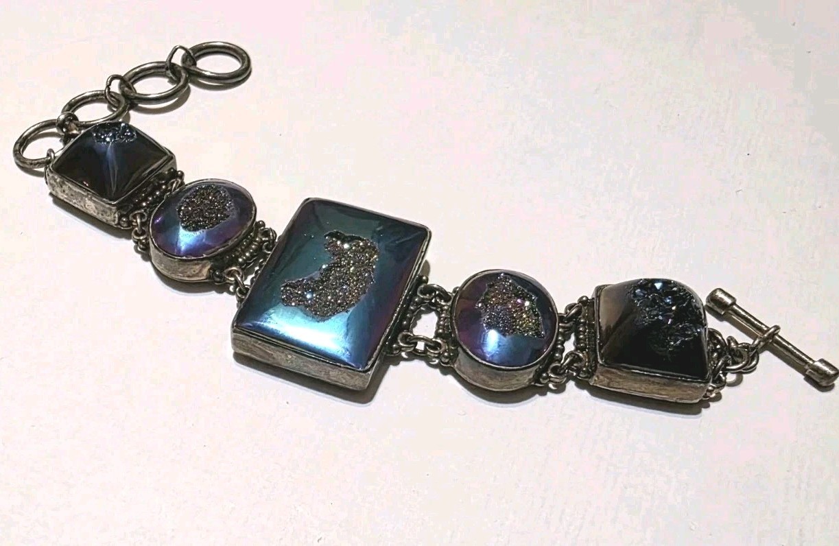 Signed SAJEN 925 Sterling Silver Chalcedony Amethyst Druzy Quartz Bracelet 45g