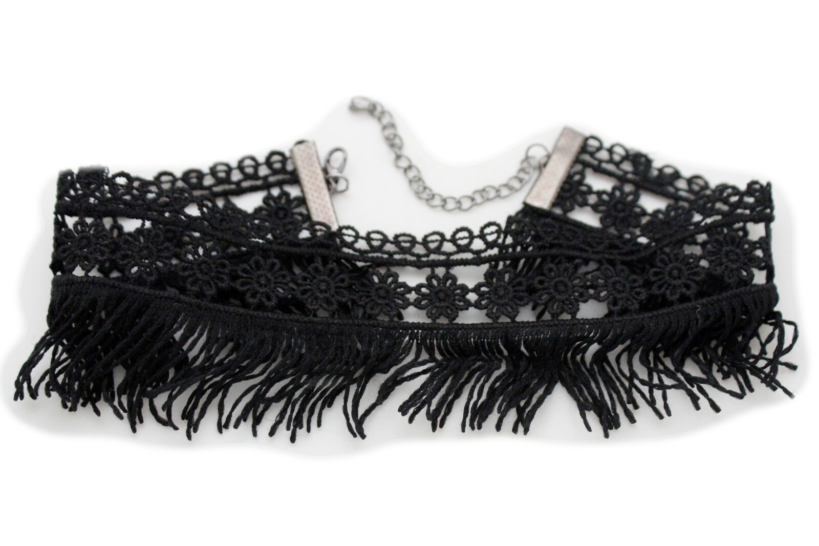 Women Young Fashion Choker Necklace Tassel Wide Black Lace Fabric Flower Fringes