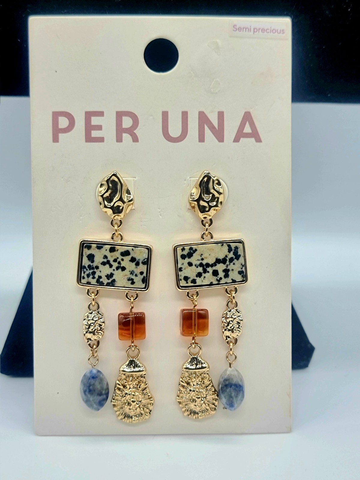 Per Una M&S Multi-Stone Chandelier Drop Earrings Dalmatian Jasper Sodalite 7cm