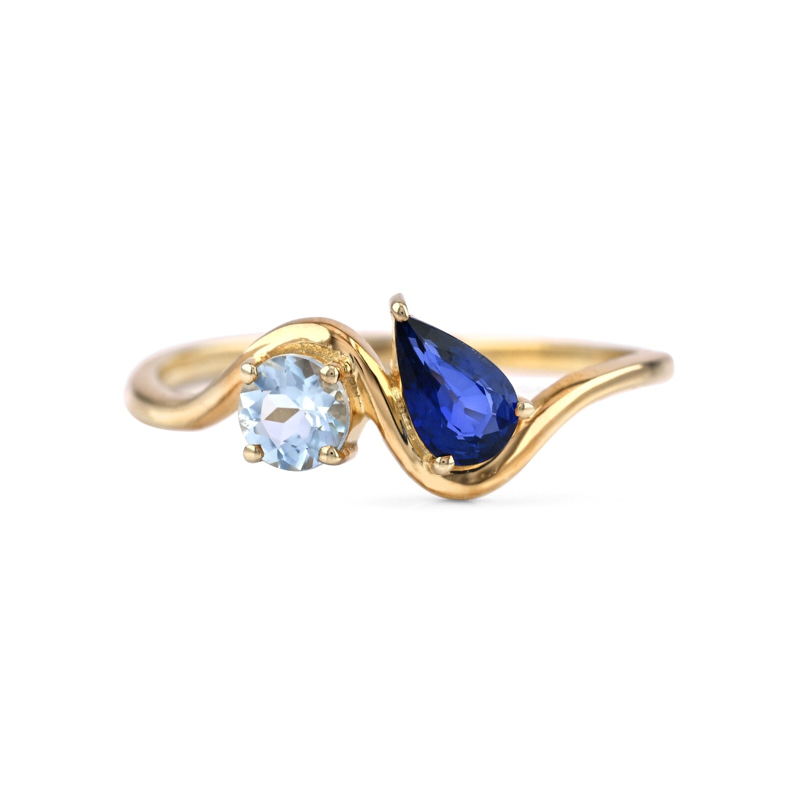 Natural Diffused Pear Blue Sapphire & Round Aquamarine 14K Gold Wave Band Ring
