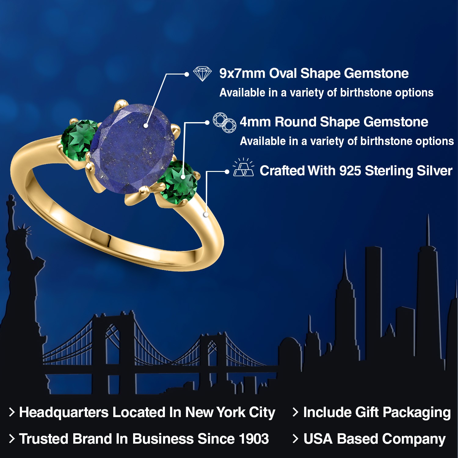 18K Yellow Gold Plated Silver Blue Lapis and Nano Emerald Engagement Ring For