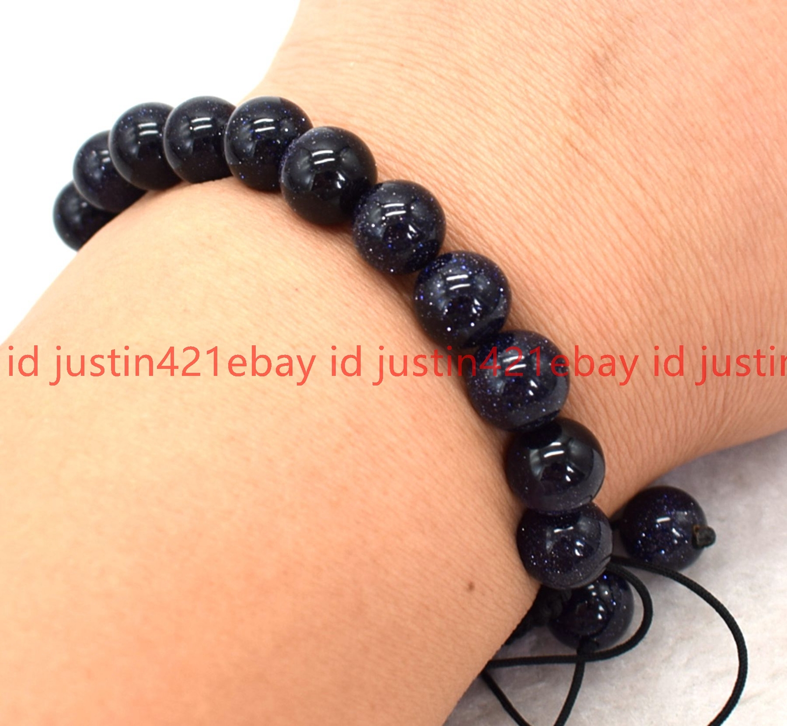 Natural 10mm Blue Sandstone Gems Round Beads Braided Adjustable Bracelet 7.5”