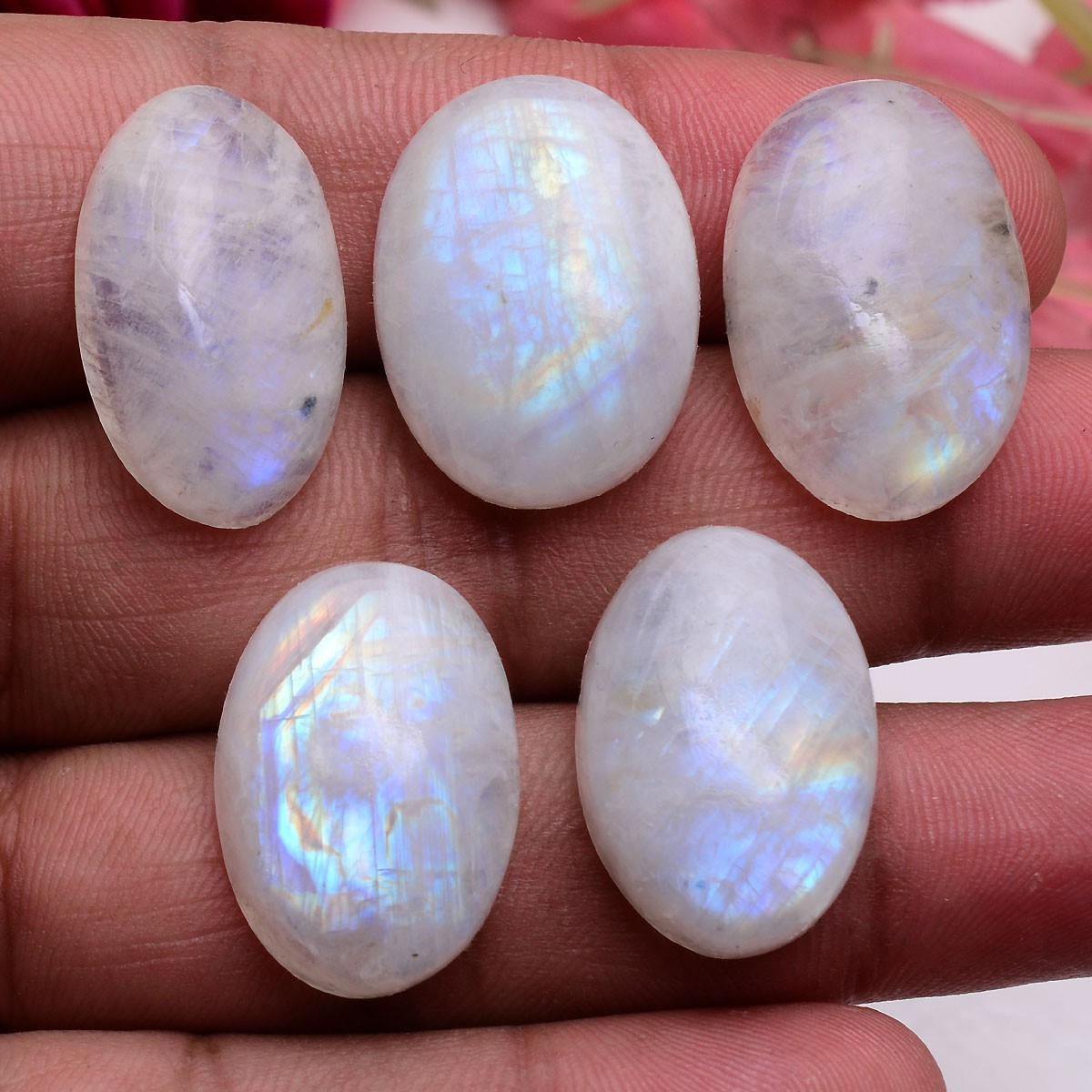 5 Pcs Natural Rainbow Moonstone 23mm-25mm Oval Cabochon Untreated Huge Gemstones