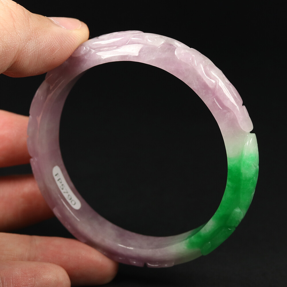 57mm Lavender Purple Green Jadeite Jade Bangle Bracelet Ruyi Bat Coin 11633