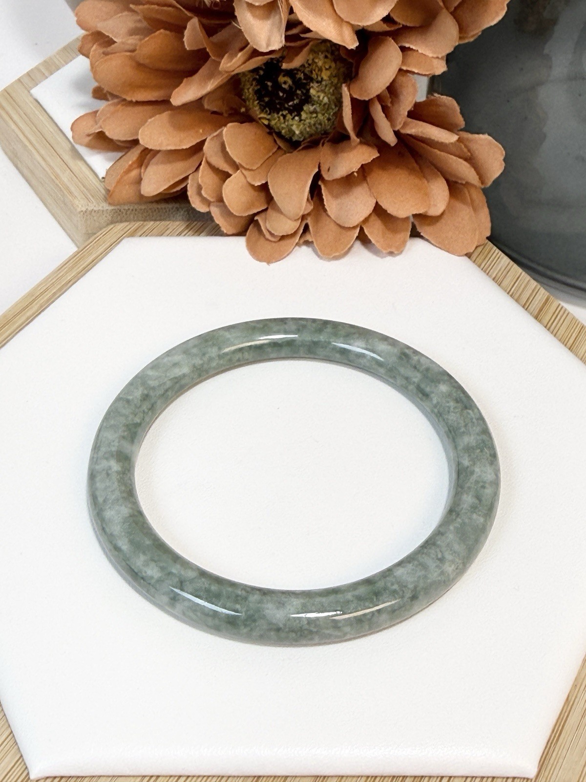 Jadeite Apple Green (slight surface crack) Hard Bangle Size: 55.9MM Width: 7.1MM