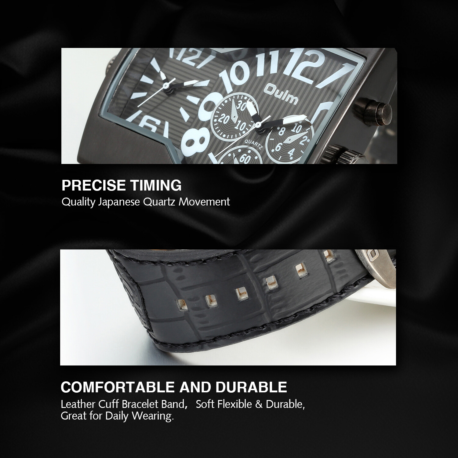Men Unique Sports Military Army Dual Time Zones Quartz Leather Strap Wrist Watch