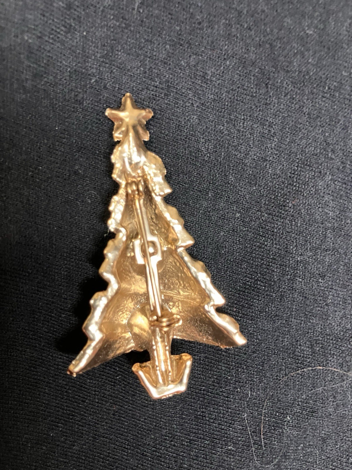 Gold Tone Christmas Tree Brooch Pin Red Round Rhinestone Accents