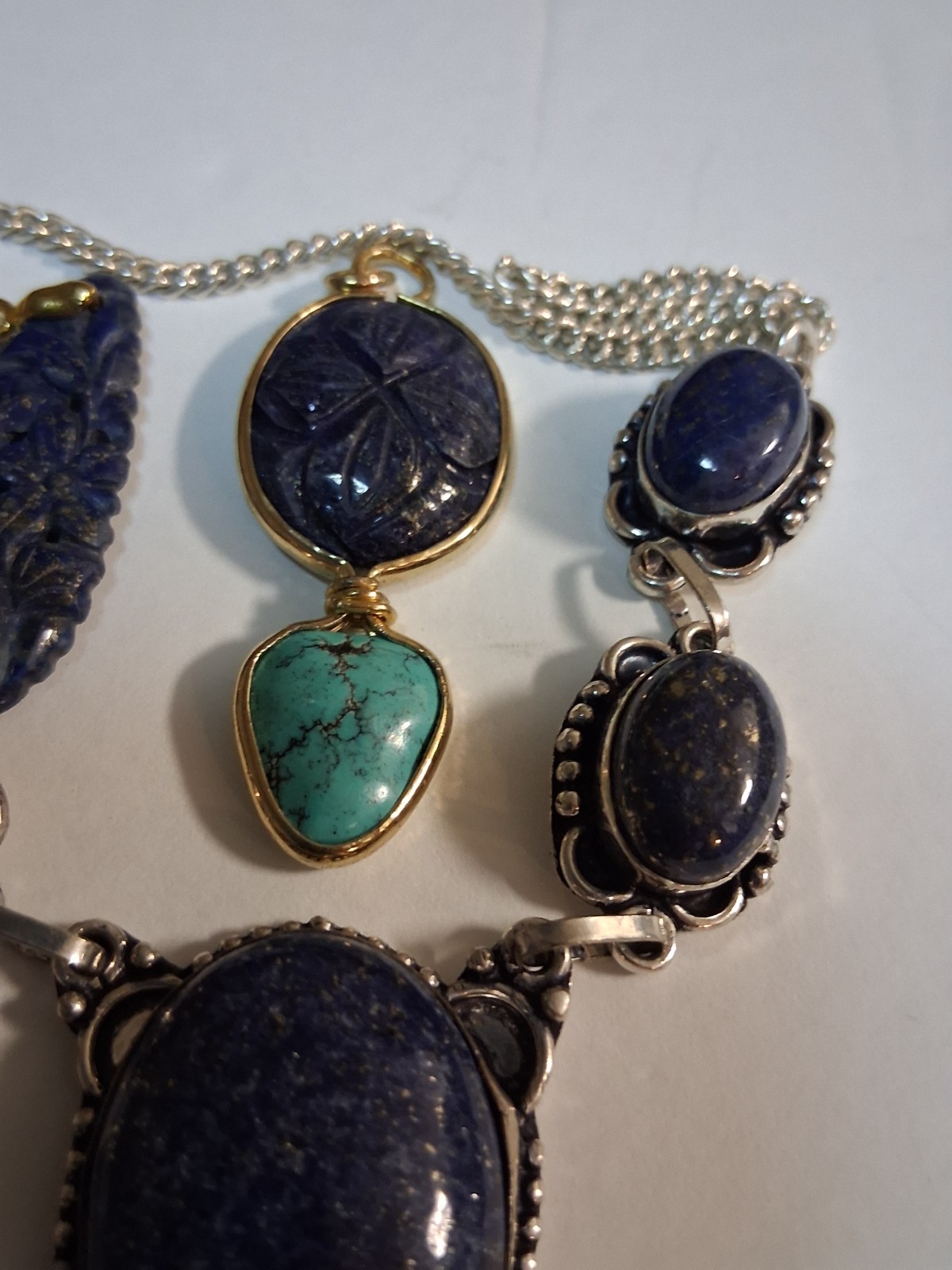 carved lapis lazuli gold filled pendants, sterling silver necklace, total 40g