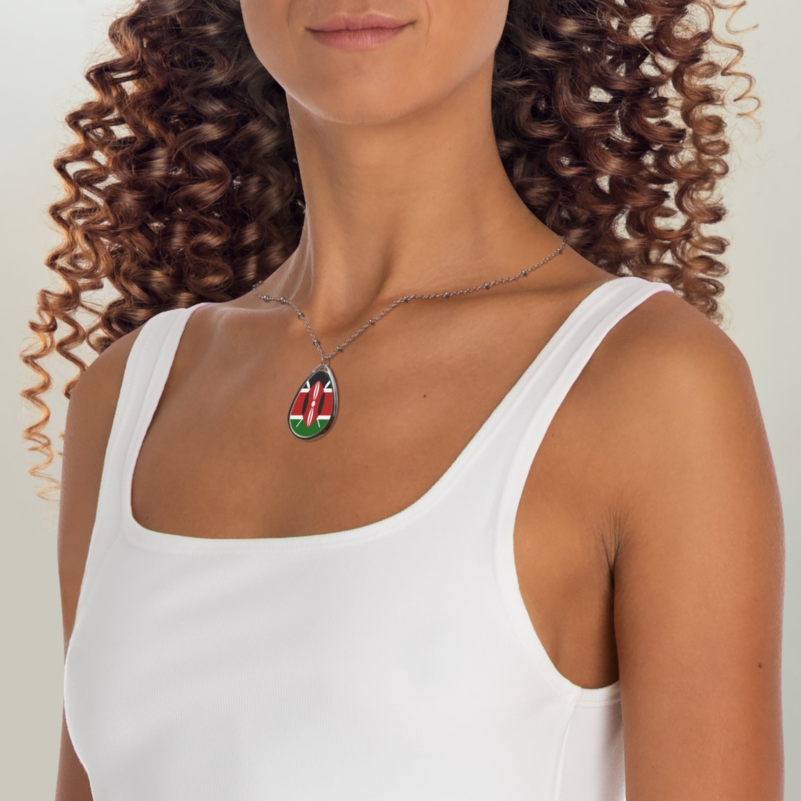 Kenya Flag Oval Necklace – Kenyan Heritage Pendant – One Size / Silver