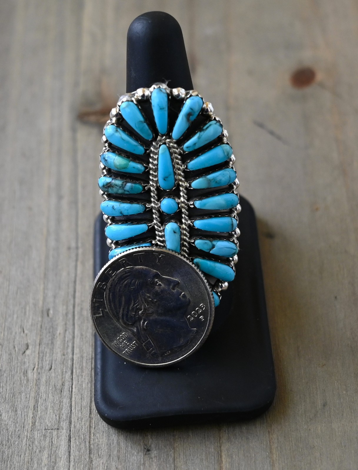 New Long Navajo 8 1/2 Ring by Davin Benally Sterling & Blue Turquoise 10 grams