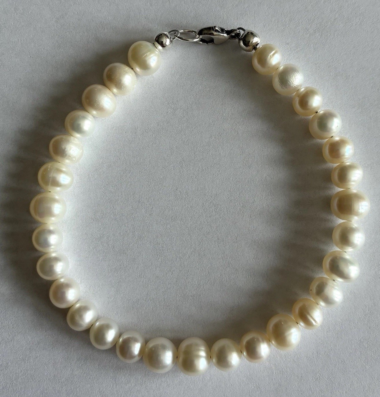 White Cream Freshwater Pearl Bracelet With 925 Sterling Silver Clasp 7.5 Inches