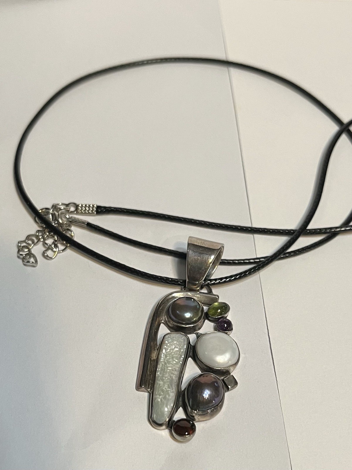 vintage style multi gem sterling silver pendant on 24 inch long black cord.new