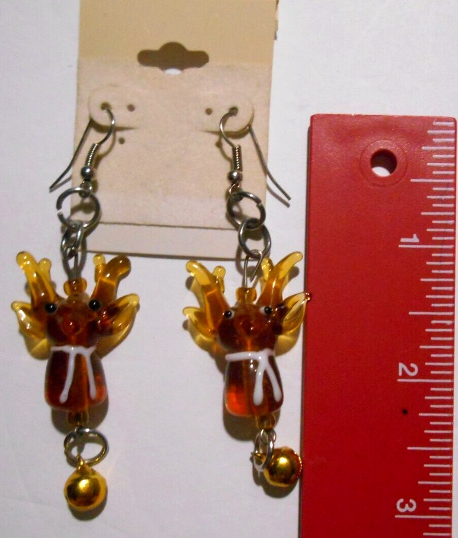 Vintage Hand Blown Glass Christmas REINDEER Hook Dangle Jingle Bell Earrings 3″