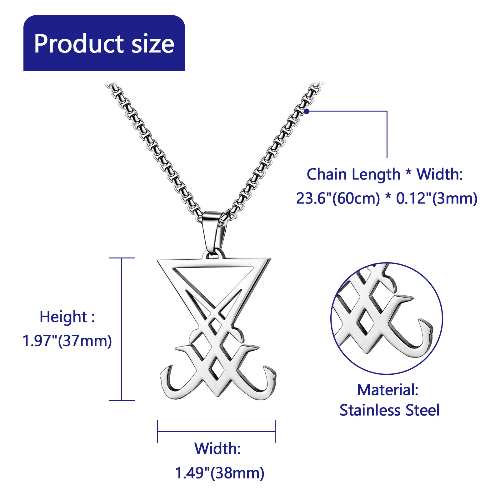 Sigil of Lucifer Pendant Necklace Mens Satanic Amulet Stainless Steel Chain 24″
