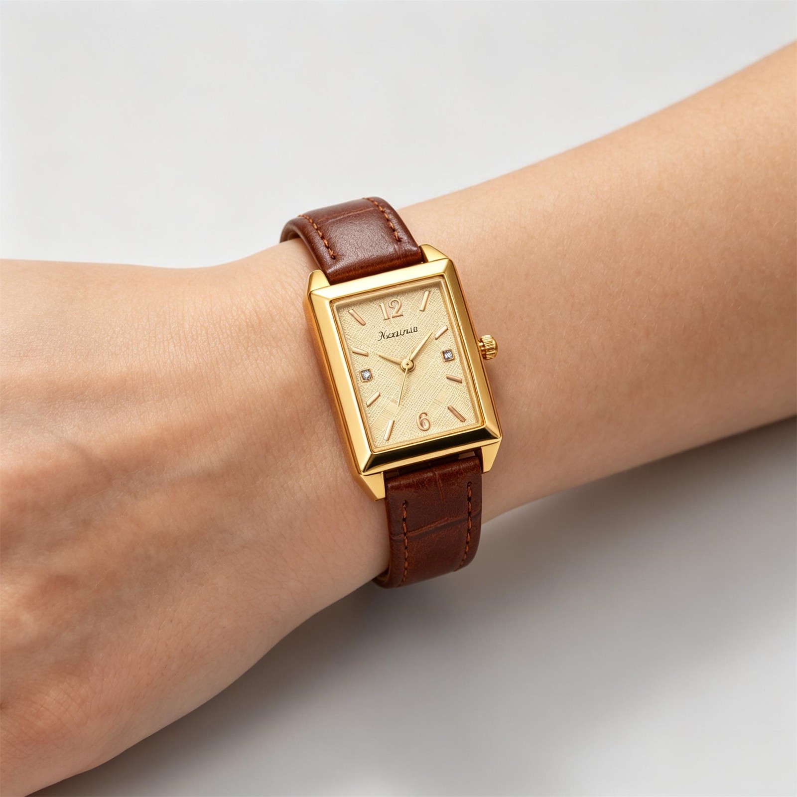 Women Business Rectangle Rhinestone PU Leather Band Wrist Watch for Daily Office