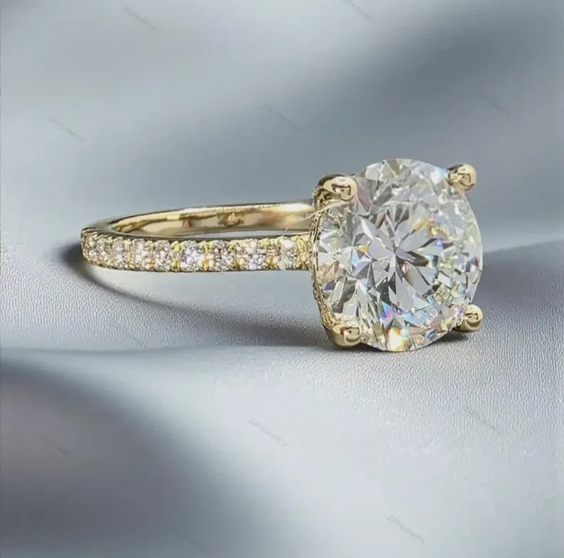 IGI 3 Ct Round VS1 Lab Grown Diamond Women Engagement Gift Ring 14K Yellow Gold