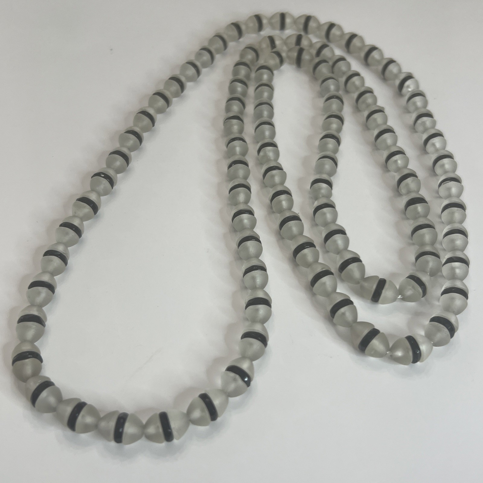 Art Deco Czech Frosted Opaque Glass & Jet Black Rondelle Bead Necklace 40”