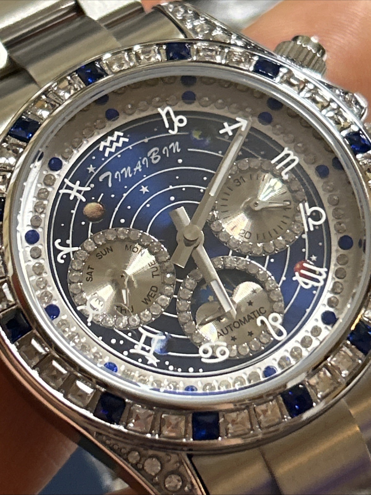 Stunning Celestial Blue Starry Dial Automatic Luxury Watch Blue Stainless