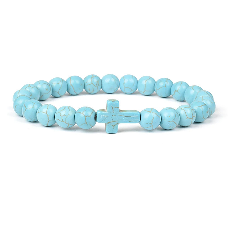 Natural Blue Turquoise Cube & Cylindrical Beads Bracelet Elastic Cord Unisex