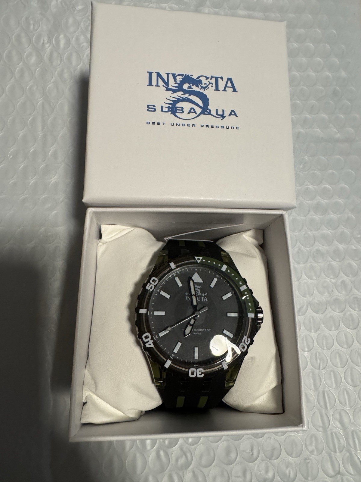 Invicta Subaqua Men’s Quartz Analog Watch Black Dial Green/Black Strap Box