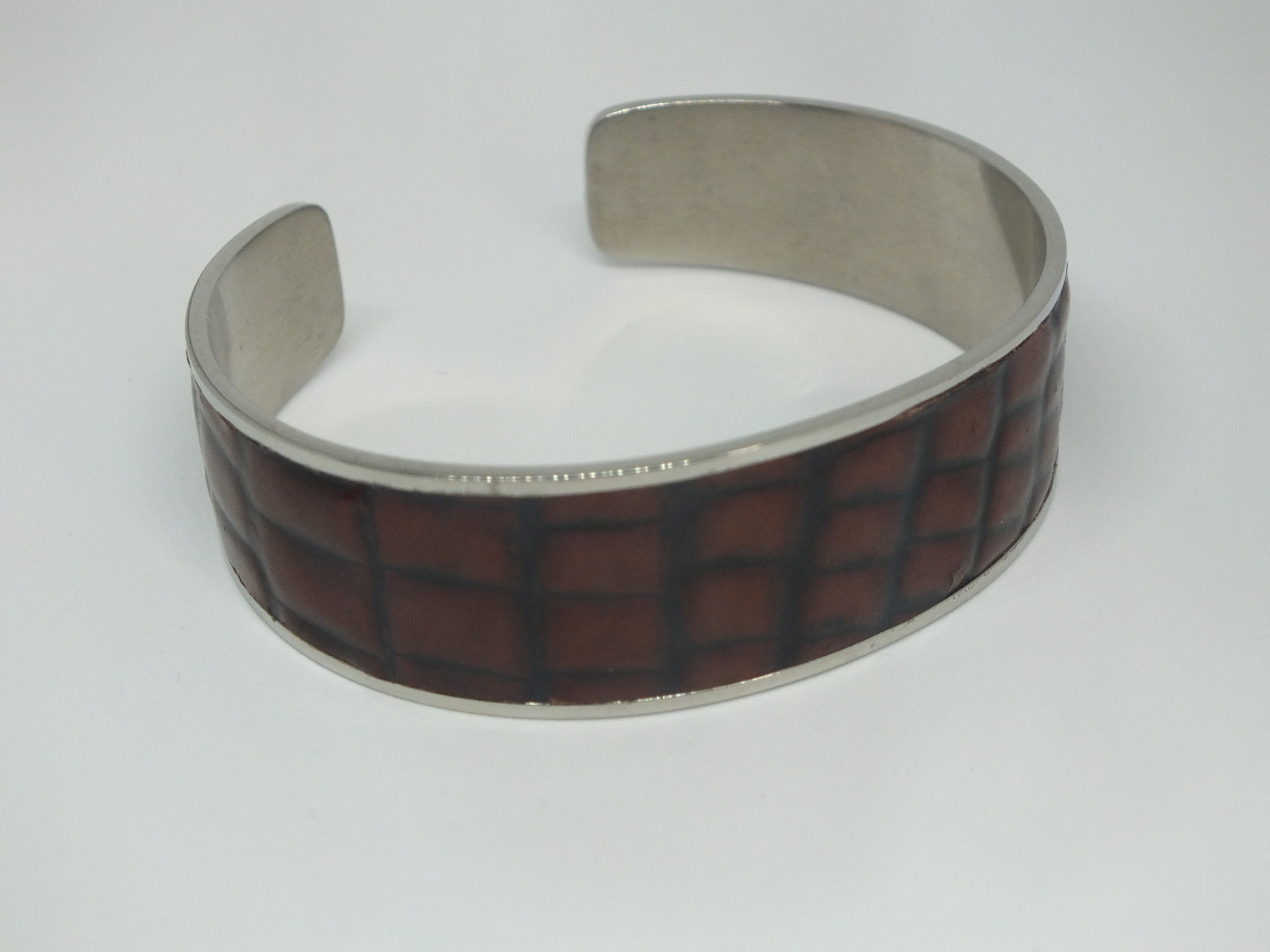 Stunning Cuff Bracelet Silver Tone Brown Black Textured Inset 3/4″ Wide x 2 3/8″