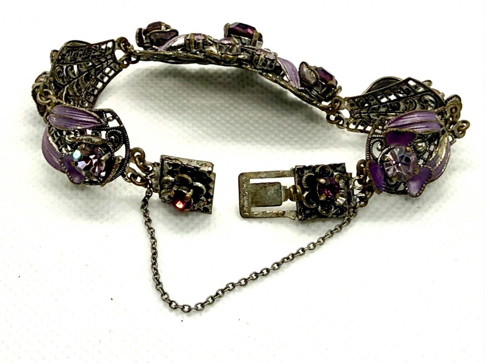 Western Germany Purple Rhinestone Enamel Parure Set Bracelet Earrings Lavender