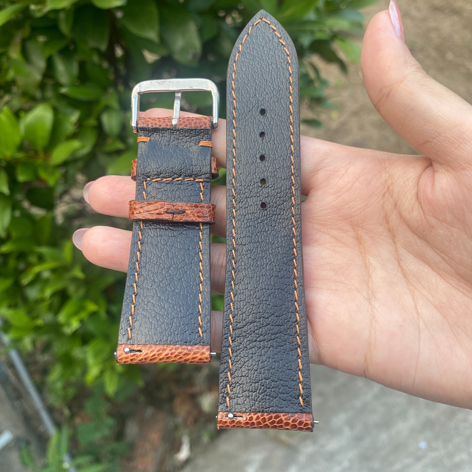 Light Brown Ostrich Leather Watch Band Custom Leg Skin Watch Strap Silver Buckle