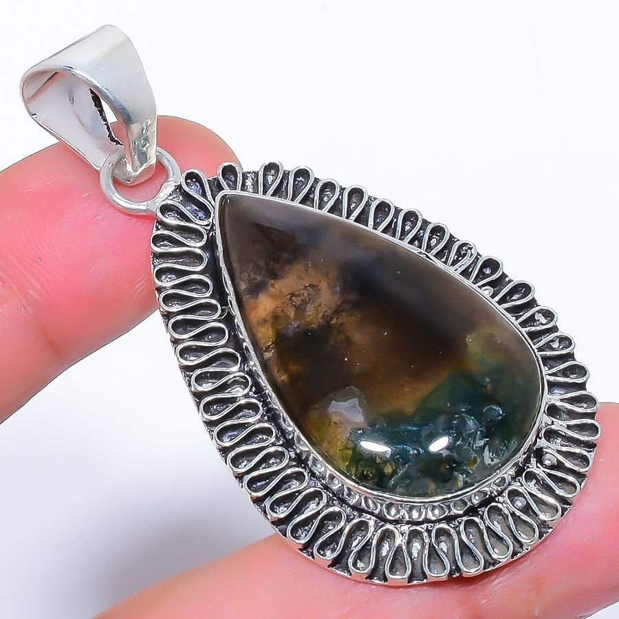 Natural Moss Agate Gemstone 925 Silver Plated Jewelry Pendant 2.4″ T2977