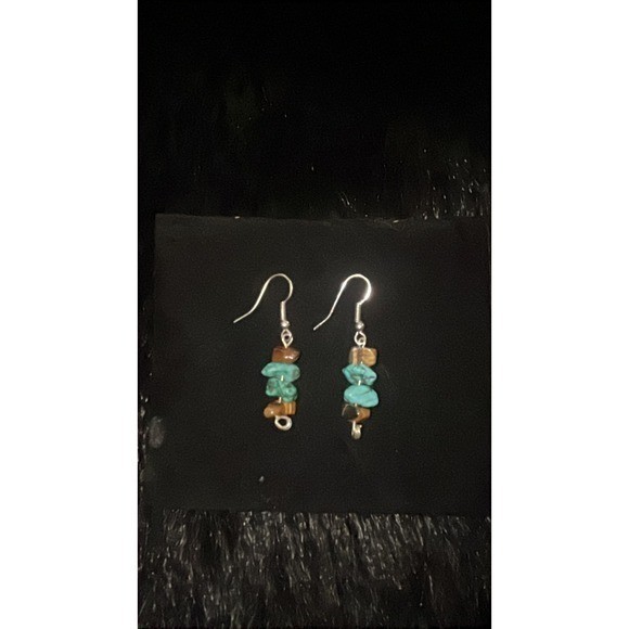 Turquoise and Tigers Eye Dangle Earrings Silver Plated Tone Boho Chip Stone Hook