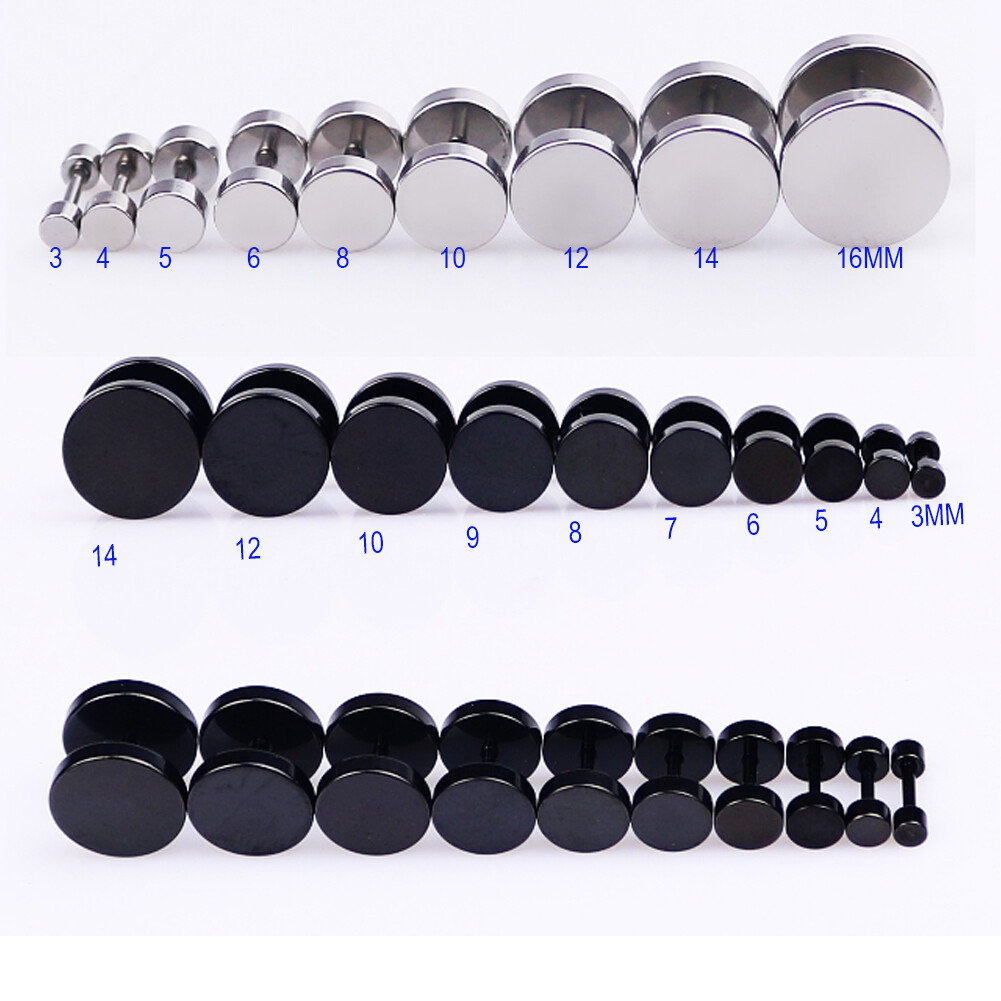 1 Pair Stud Earrings Mens Womens Faux Gauges Ear Tunnel Stainless Steel Earrings