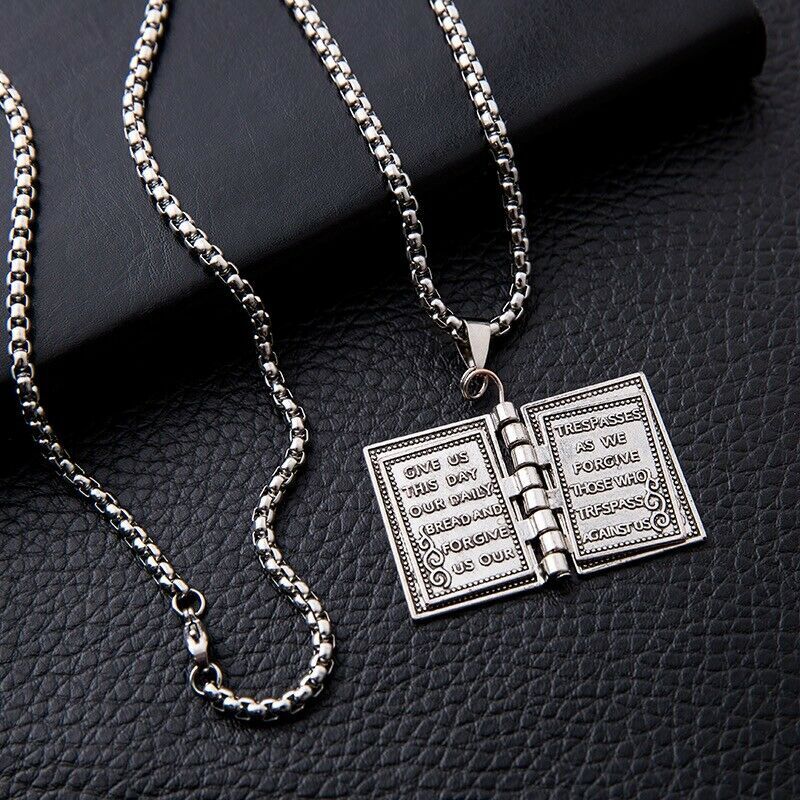 2PCS Lord’s Prayer Holy Bible Open Pages Locket Pendant Necklace 925 Silver USA