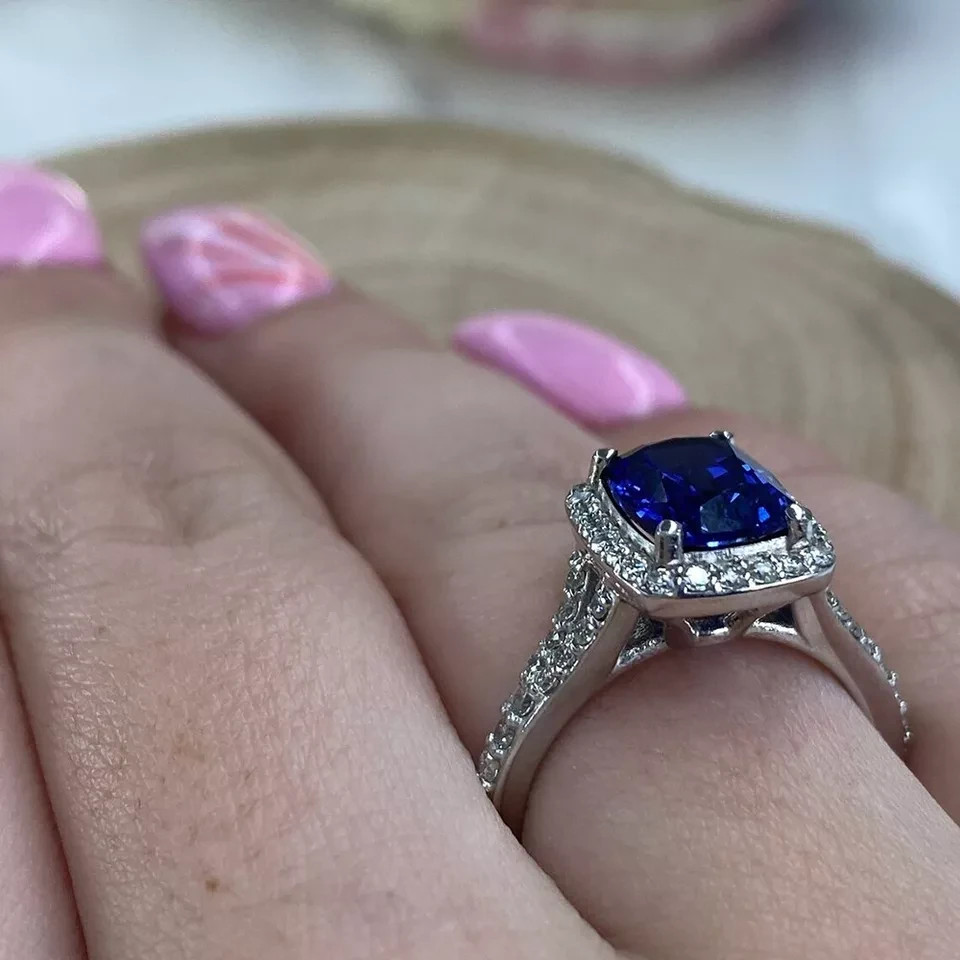 2.50 Ct Cushion Natural Sapphire & Diamond Engagement Ring 14K White Gold Size 5