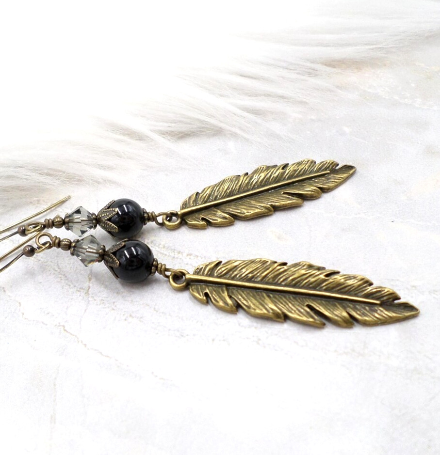 Boho Earrings, Antique Brass Feather with Black Faux Pearls & Crystal Jewelry