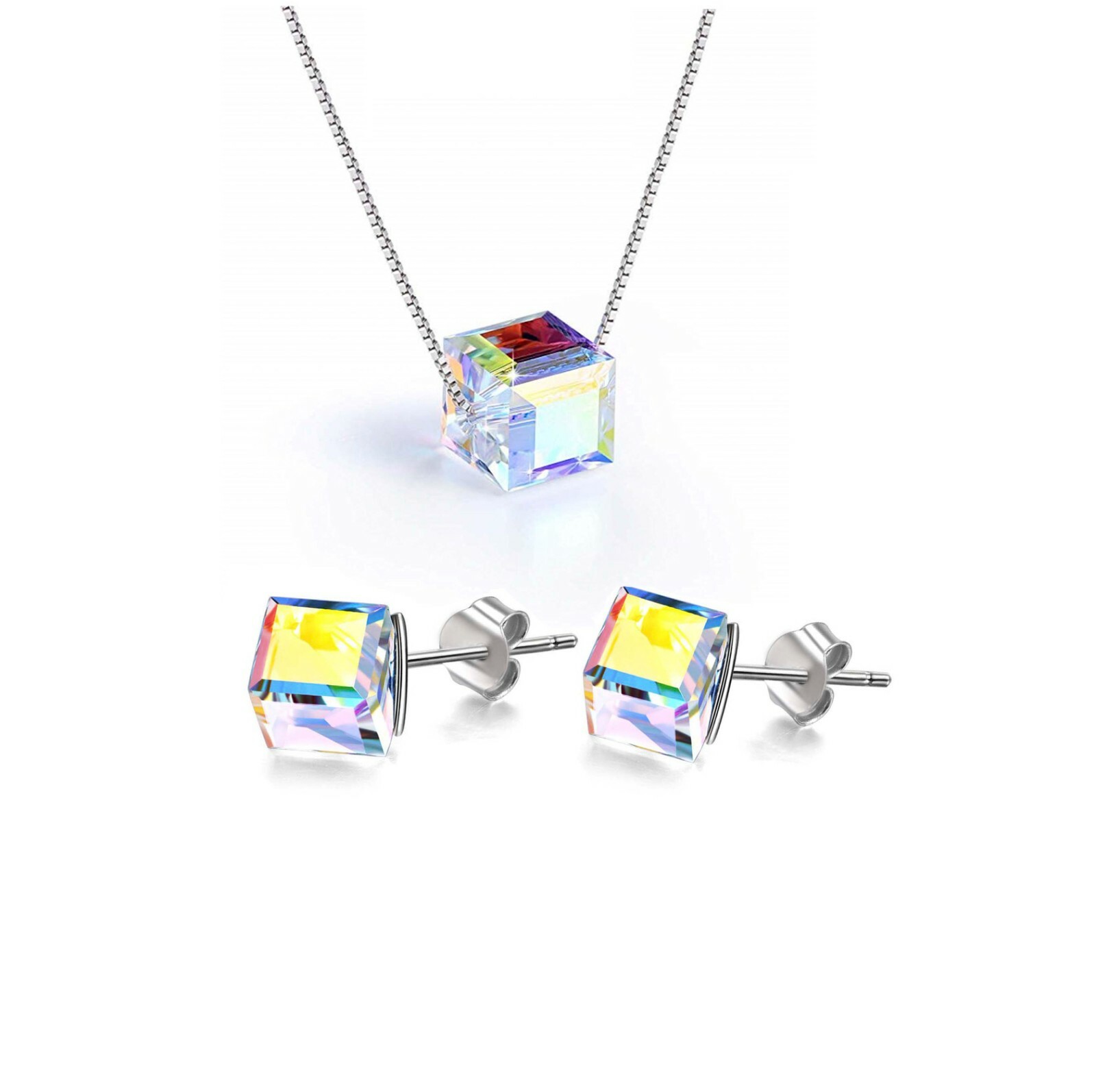 Aurora Borealis Square Crystal Cube Necklace & Stud Earrings Jewelry set