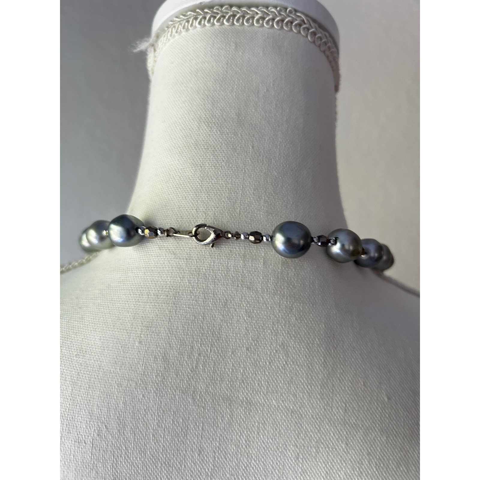 Grey Faux Pearl Beaded Necklace 36 Inch Opera Length Faceted Spacer Beads Silver