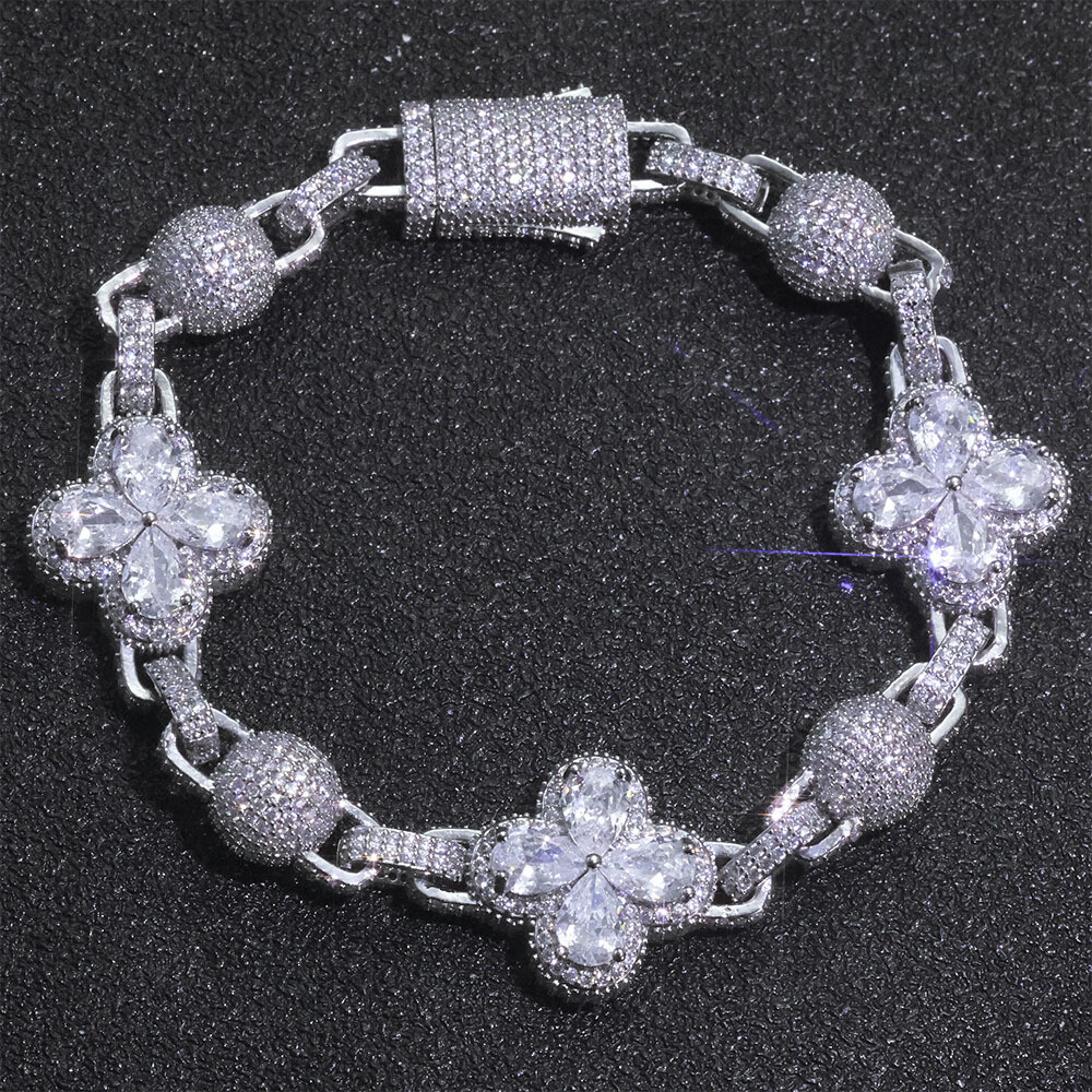 10mm Women’s Four-leaf Clover Iced CZ Out Tennis Chain Bracelet Men Gold Plated