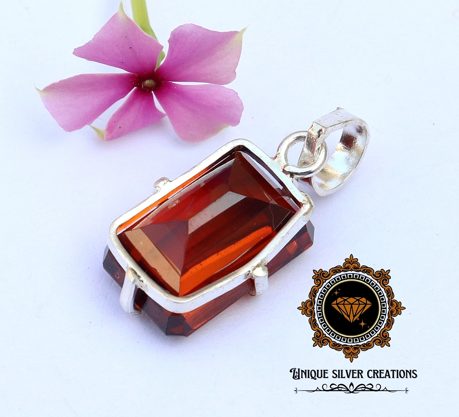 Natural Hessonite Garnet 925 Silver Pendant Certified Emerald Cut Loose Gemstone