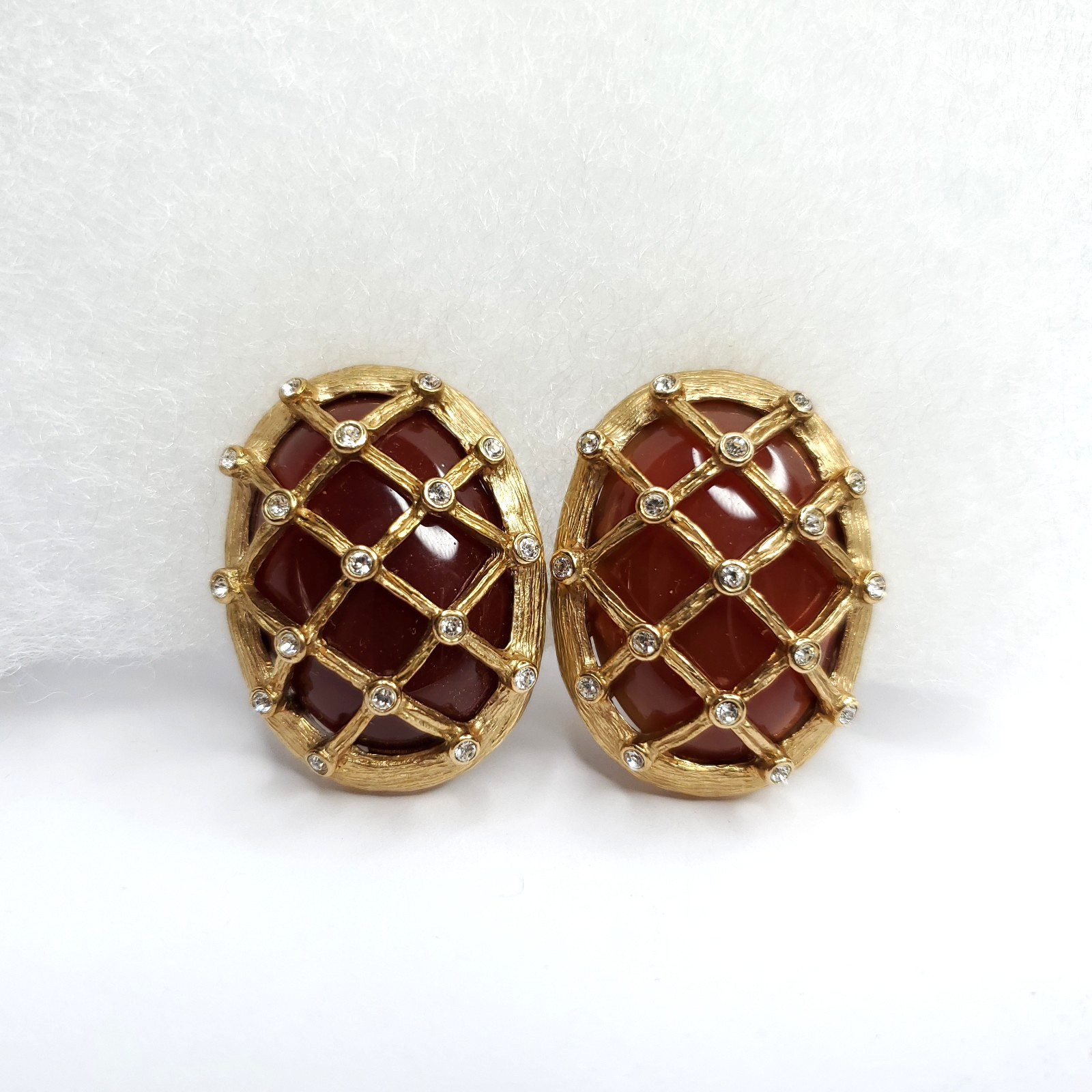 Landau Bold Brown Earrings Jelly Belly Cabochon Rhinestone Goldtone Basketweave