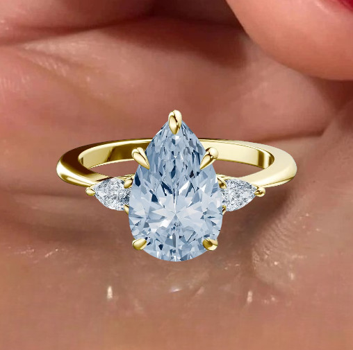 18k Yellow Gold Pear Cut 3.60 Ct IGI Lab Created Diamond Ring Fancy Intense Blue