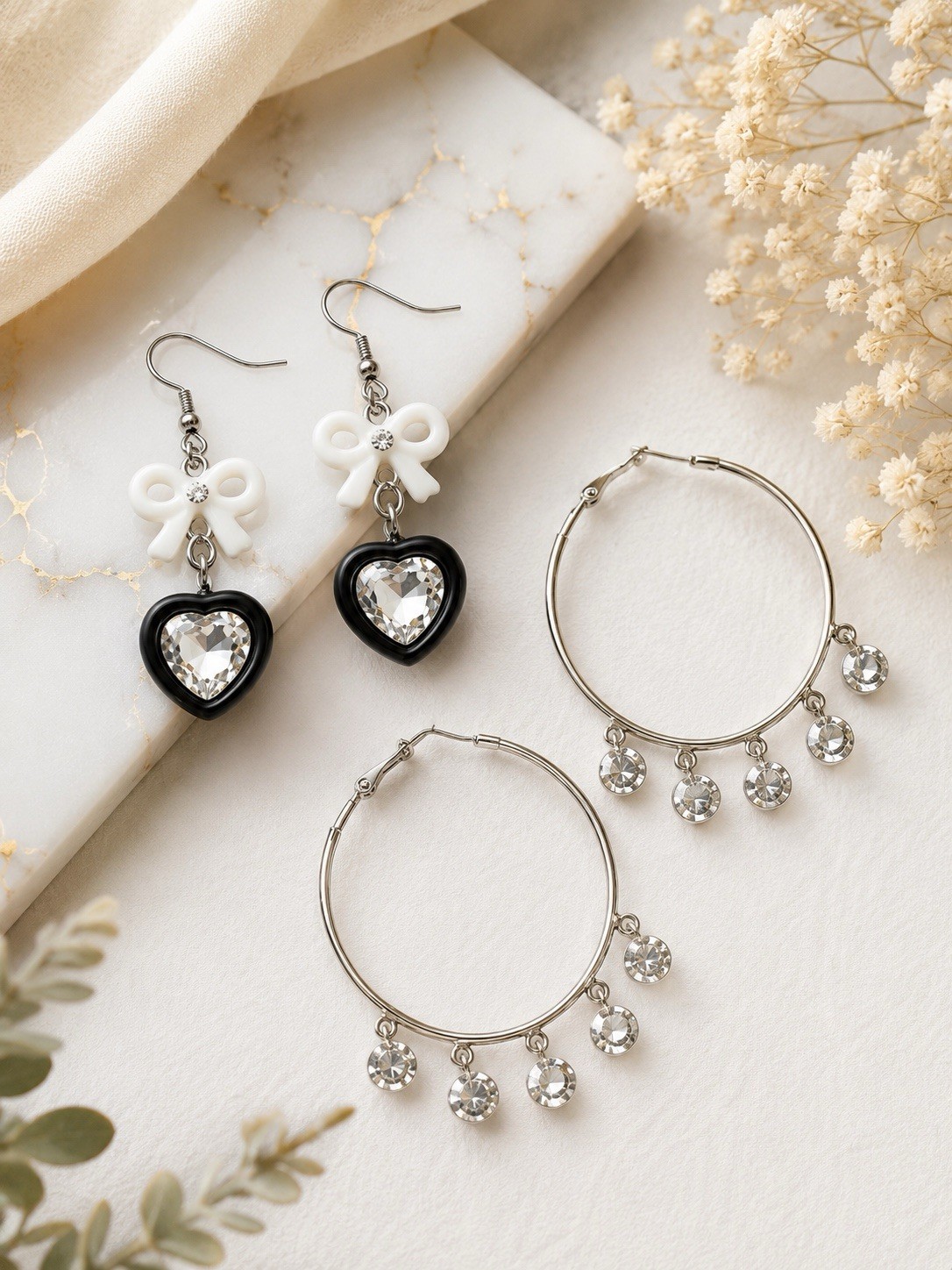 2 Pair Women’s Earrings Set Crystal Heart & Hoop Dangle Gift Box Included