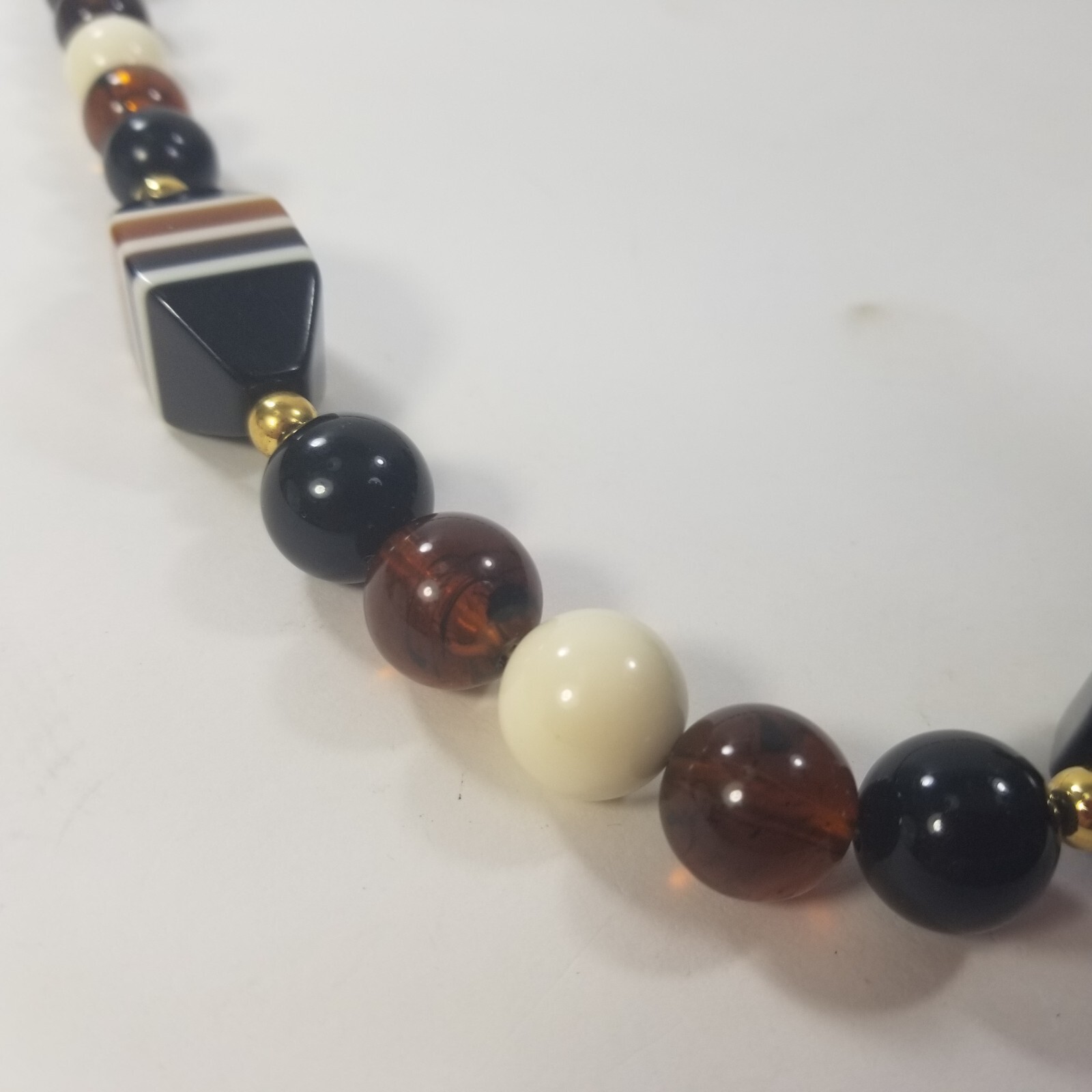 Vintage Brown Black White Gold Tone Spacers beaded Long Necklace