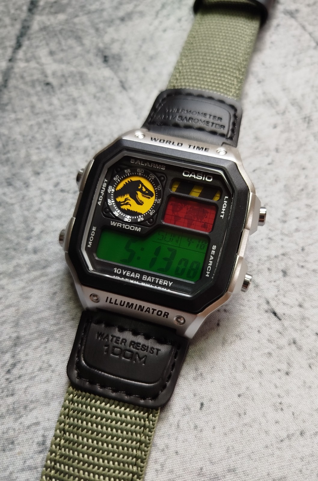 Custom Casio AE1200 World Time Jurassic Inspired Mod Green NATO Strap