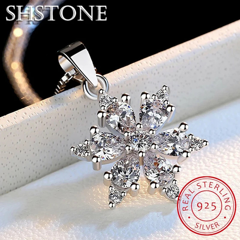 SHSTONE 925 Sterling Silver AAA Zircon Snowflake Pendant Necklace for Women