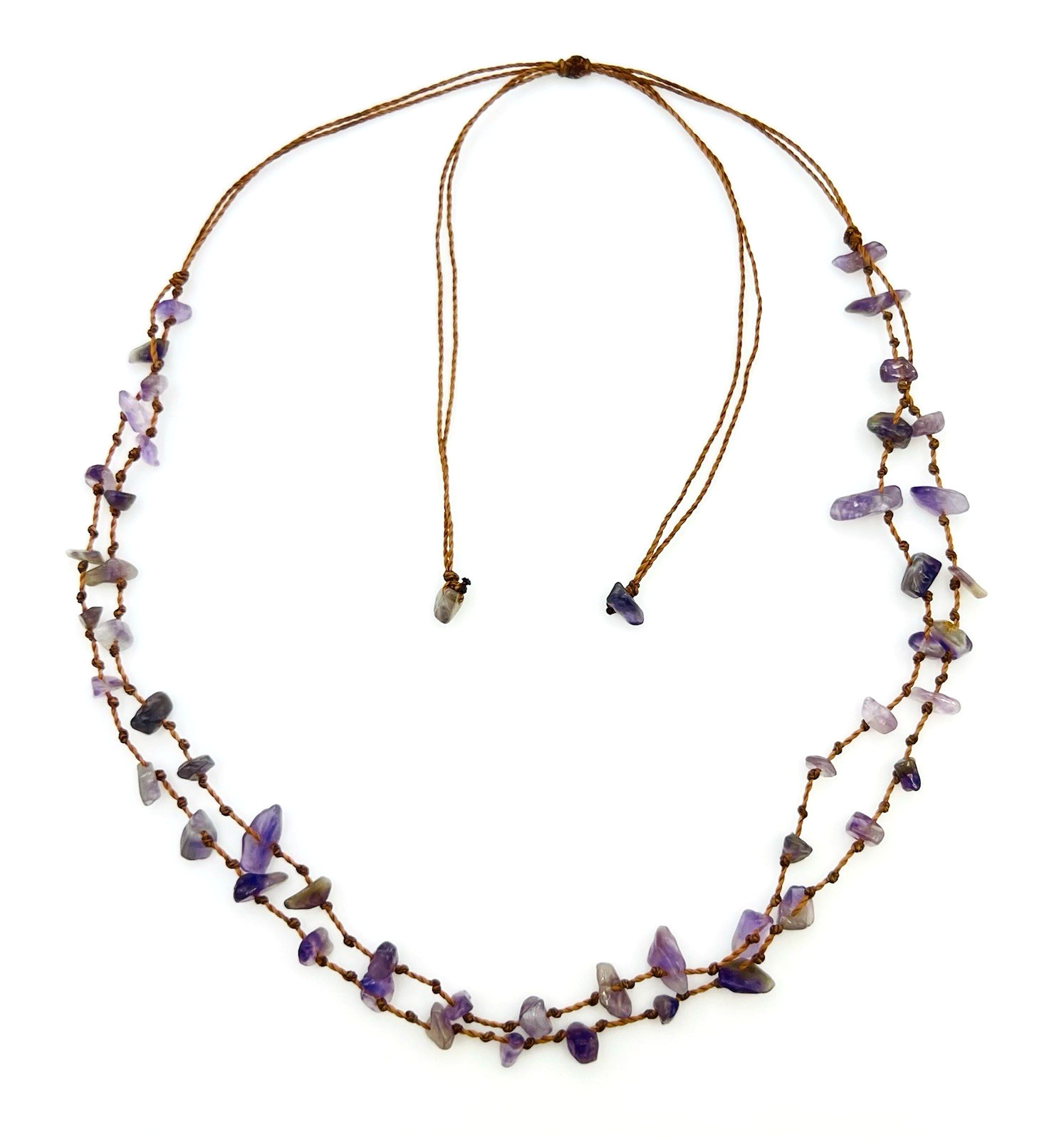 Vintage Purple Amethyst Chip Layered Brown Cord Adjustable BOHO Necklace
